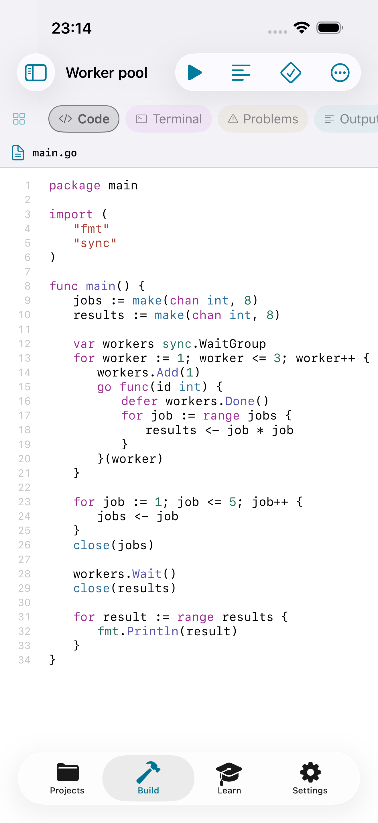GopherForge native iPhone workbench showing highlighted Go source code